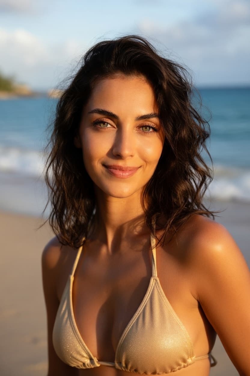A radiant woman in a gold bikini smiles at the camera on a sunny beach at golden hour.