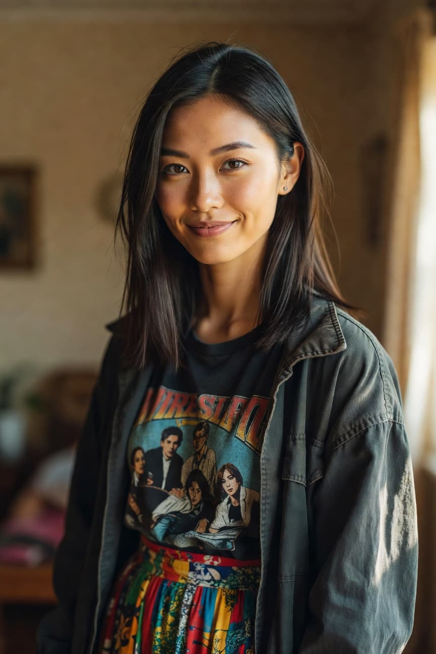 A poised young woman in a graphic tee and denim jacket smiles softly at the camera in warm indoor light.