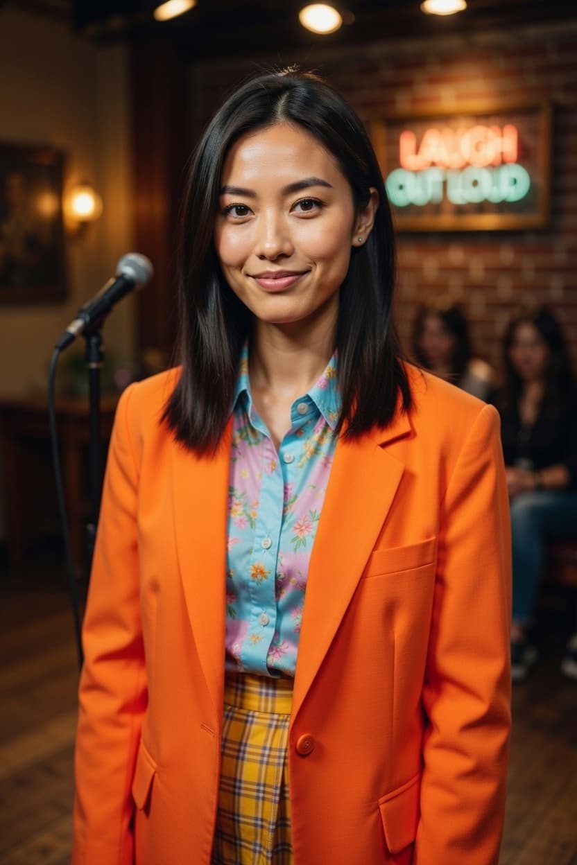 A poised woman in a vibrant orange blazer smiles warmly at a lively cafe with a glowing neon sign behind her.