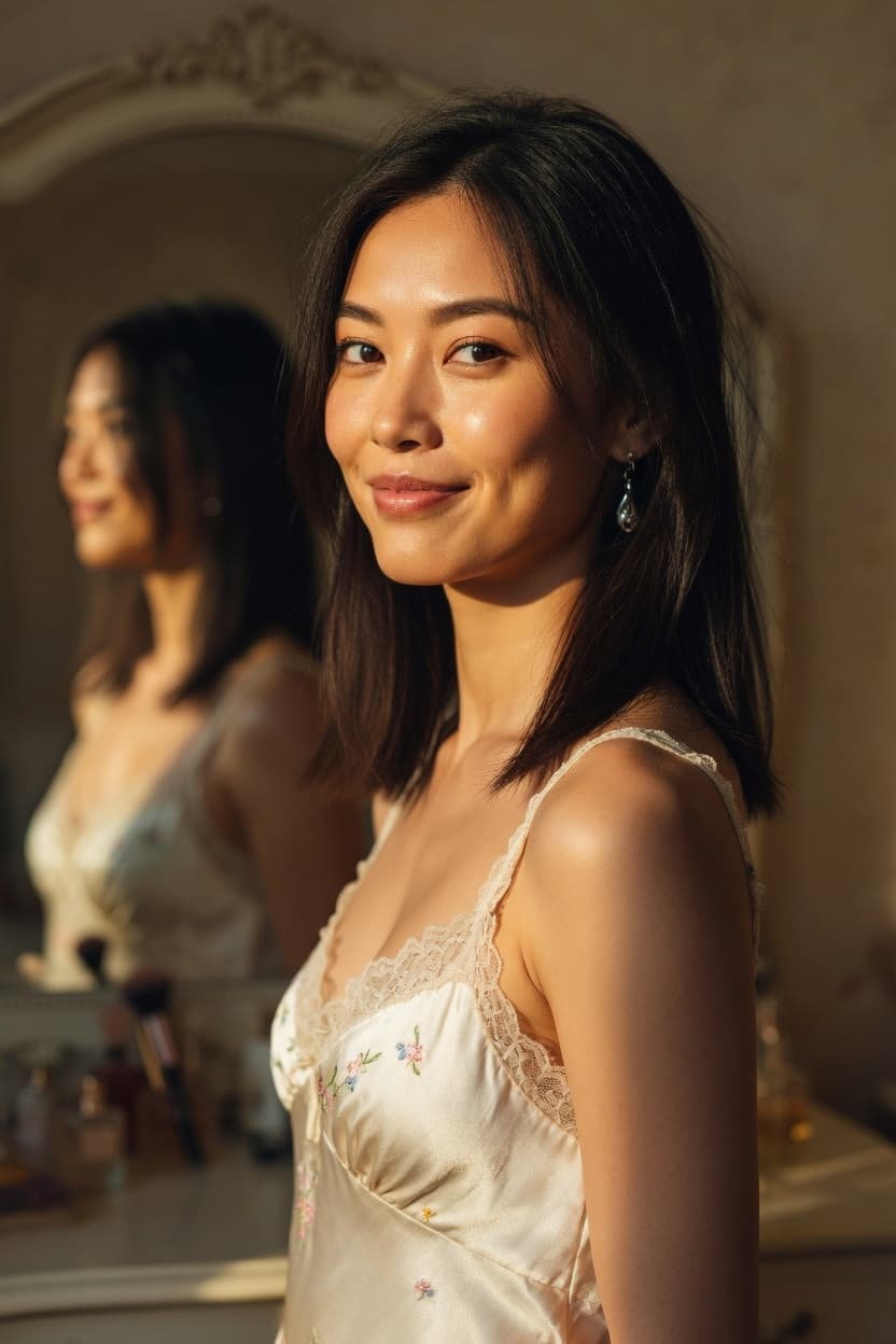 A woman in a cream silk slip gazes softly at the camera during golden hour in her bedroom.
