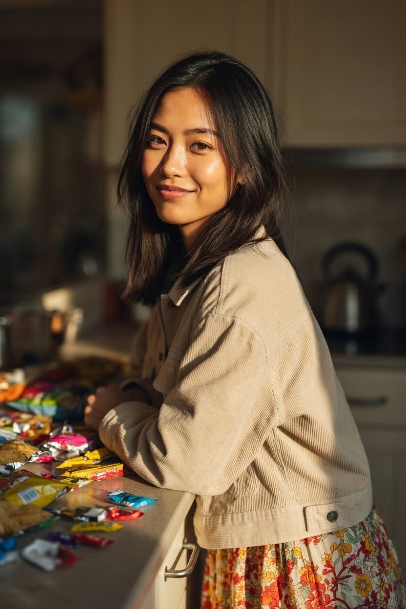 A radiant young woman leans playfully on her kitchen counter surrounded by colorful snacks, bathed in warm golden light.