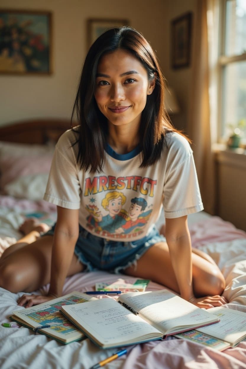 A young woman sits comfortably on her bed surrounded by open books, gazing at the camera with a gentle smile.