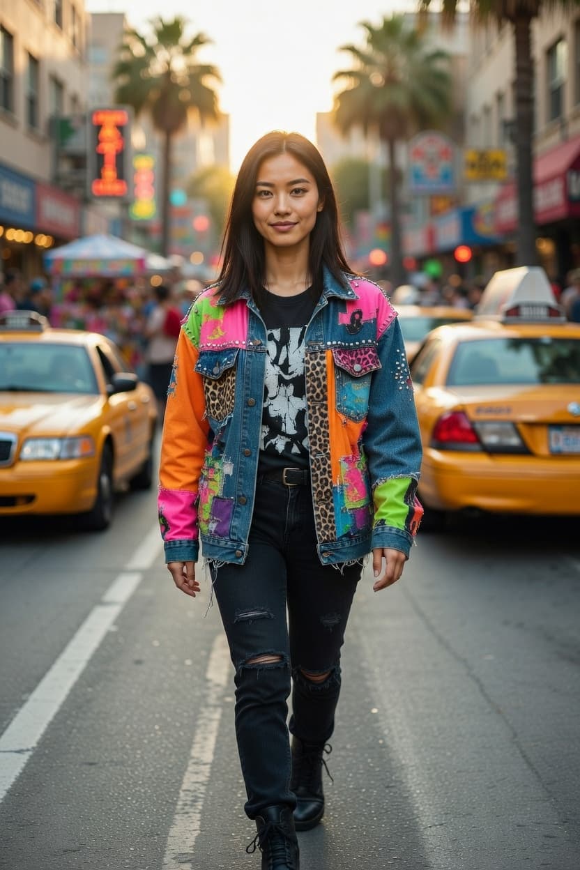 A confident young woman in a colorful patchwork denim jacket walks down a bustling city street at golden hour.