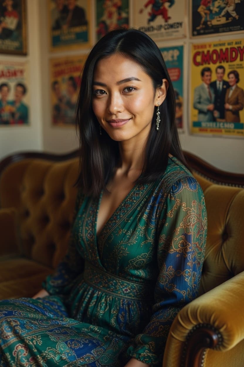 A poised woman in an emerald patterned dress sits on a vintage sofa surrounded by colorful vintage movie posters.