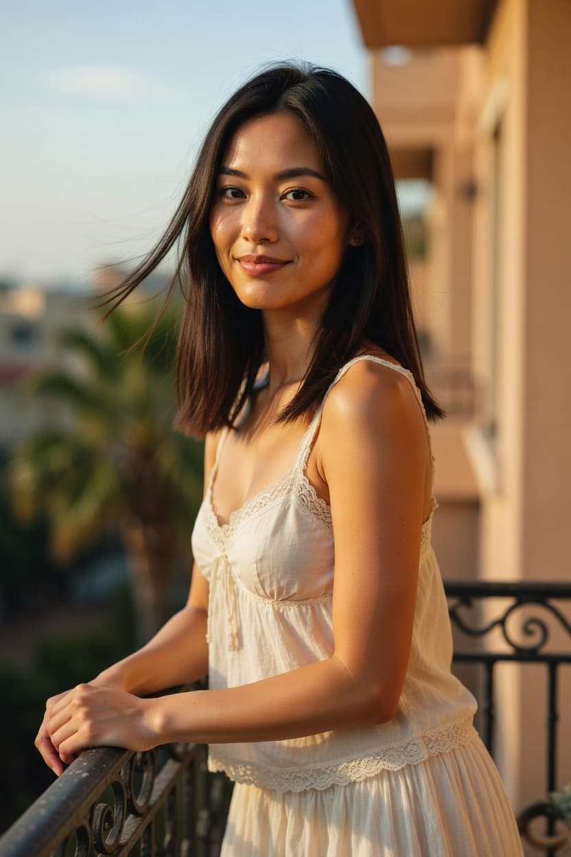 A woman in a white lace dress leans on a balcony railing during golden hour, her hair gently blowing in the breeze.