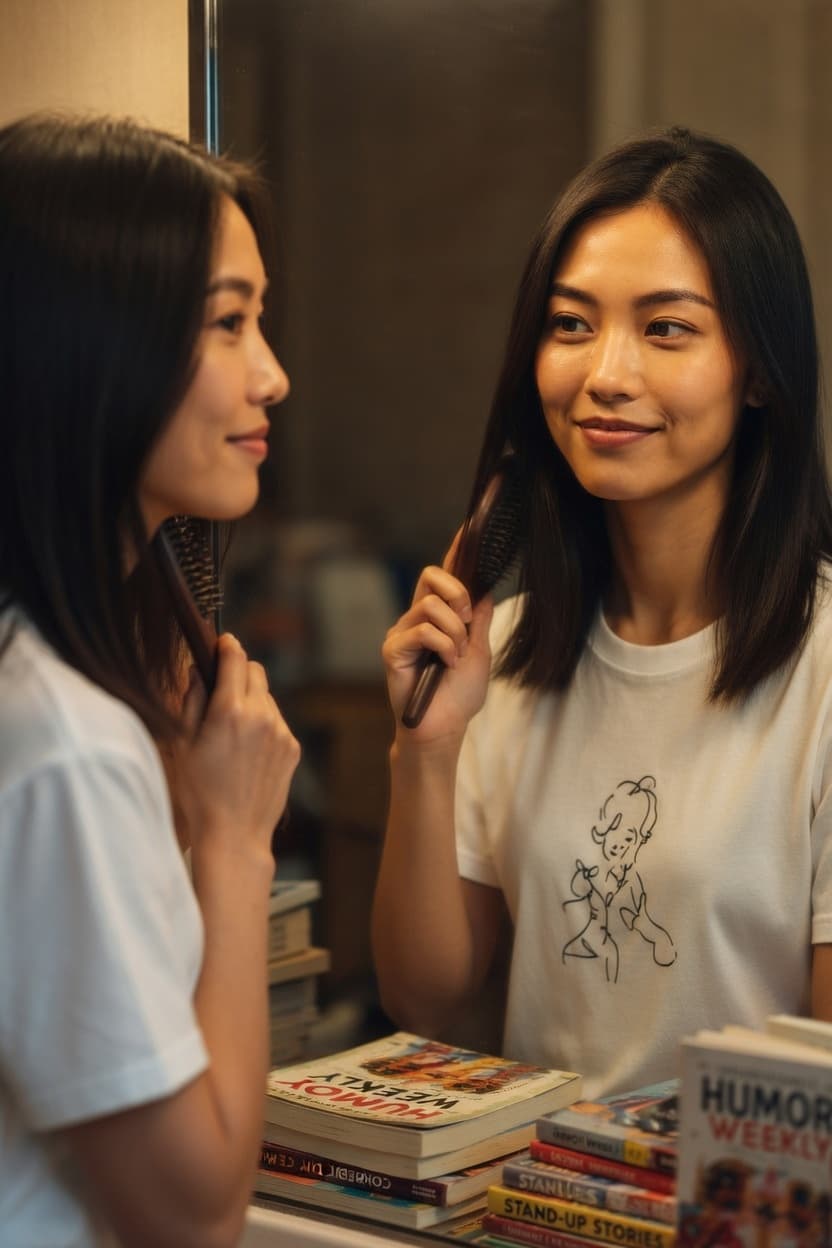 A woman smiles playfully while brushing her hair in front of a mirror surrounded by books.