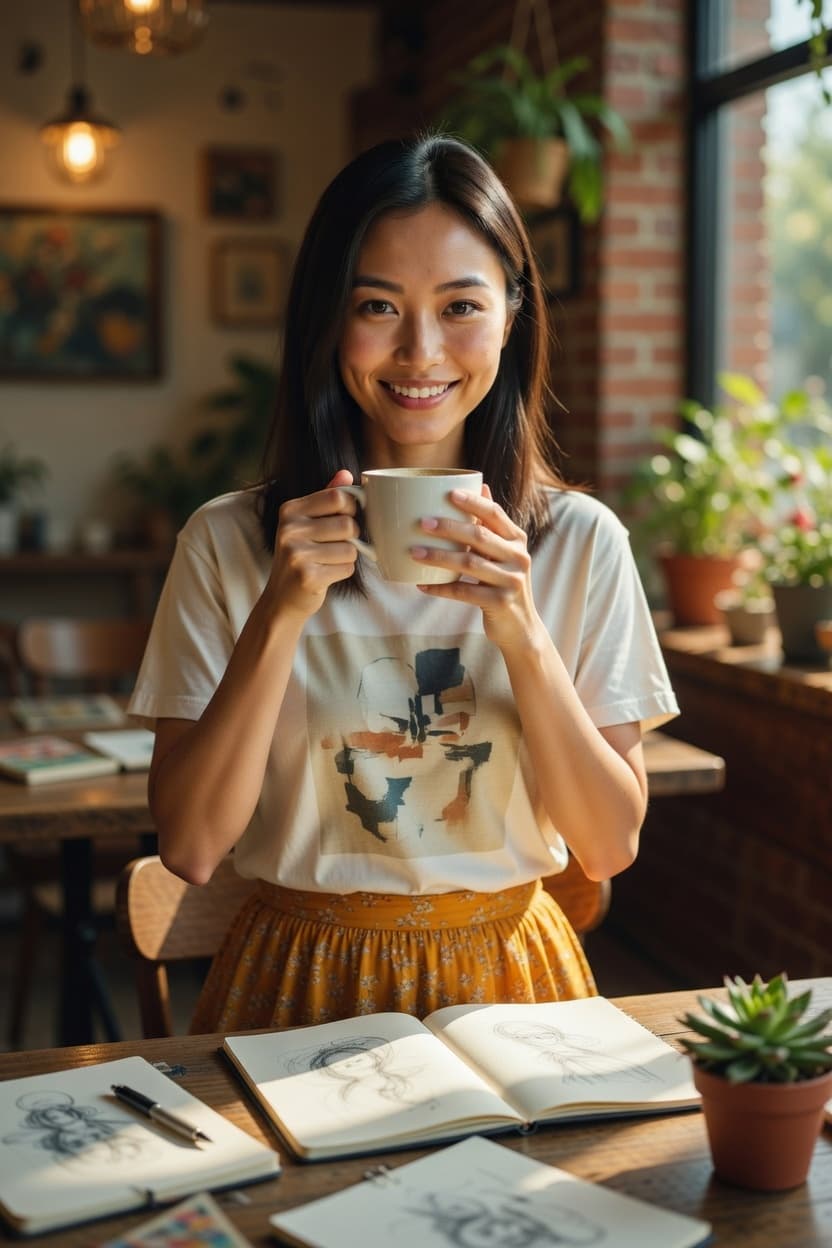 A radiant young woman smiles warmly while holding a coffee mug at a sunlit cafe table surrounded by sketchbooks and plants.