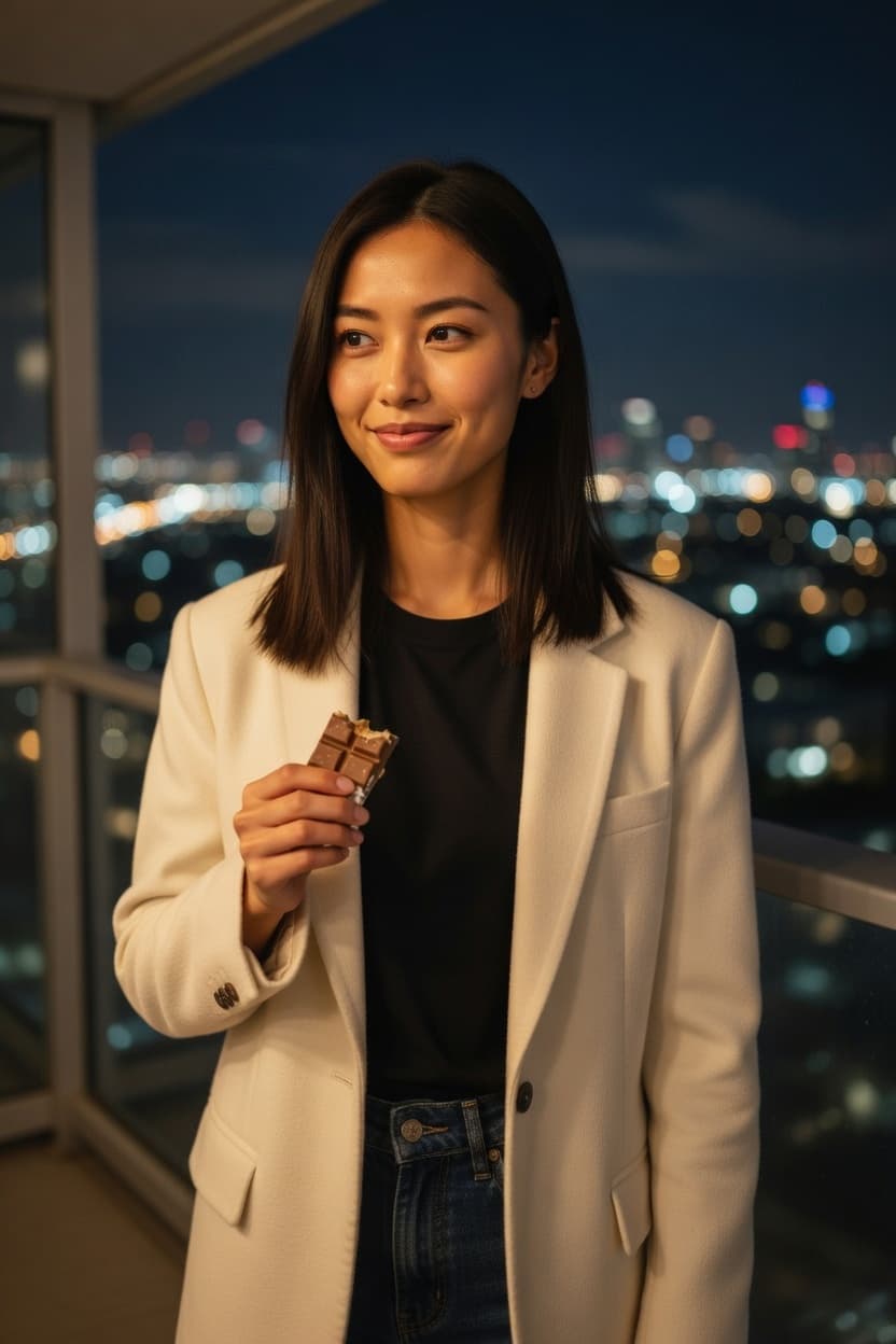 A woman stands on a balcony at night overlooking the glowing city skyline while holding a piece of chocolate.
