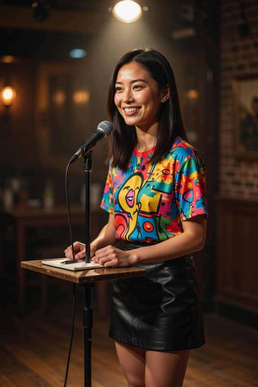 A radiant woman smiles confidently at the microphone during her stand-up comedy set.