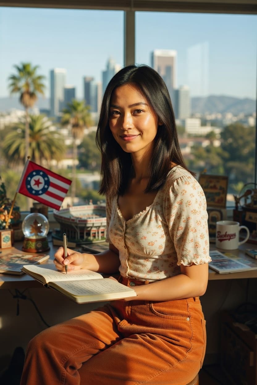 A woman sits at a sunlit balcony desk overlooking the city, peacefully writing in her notebook.