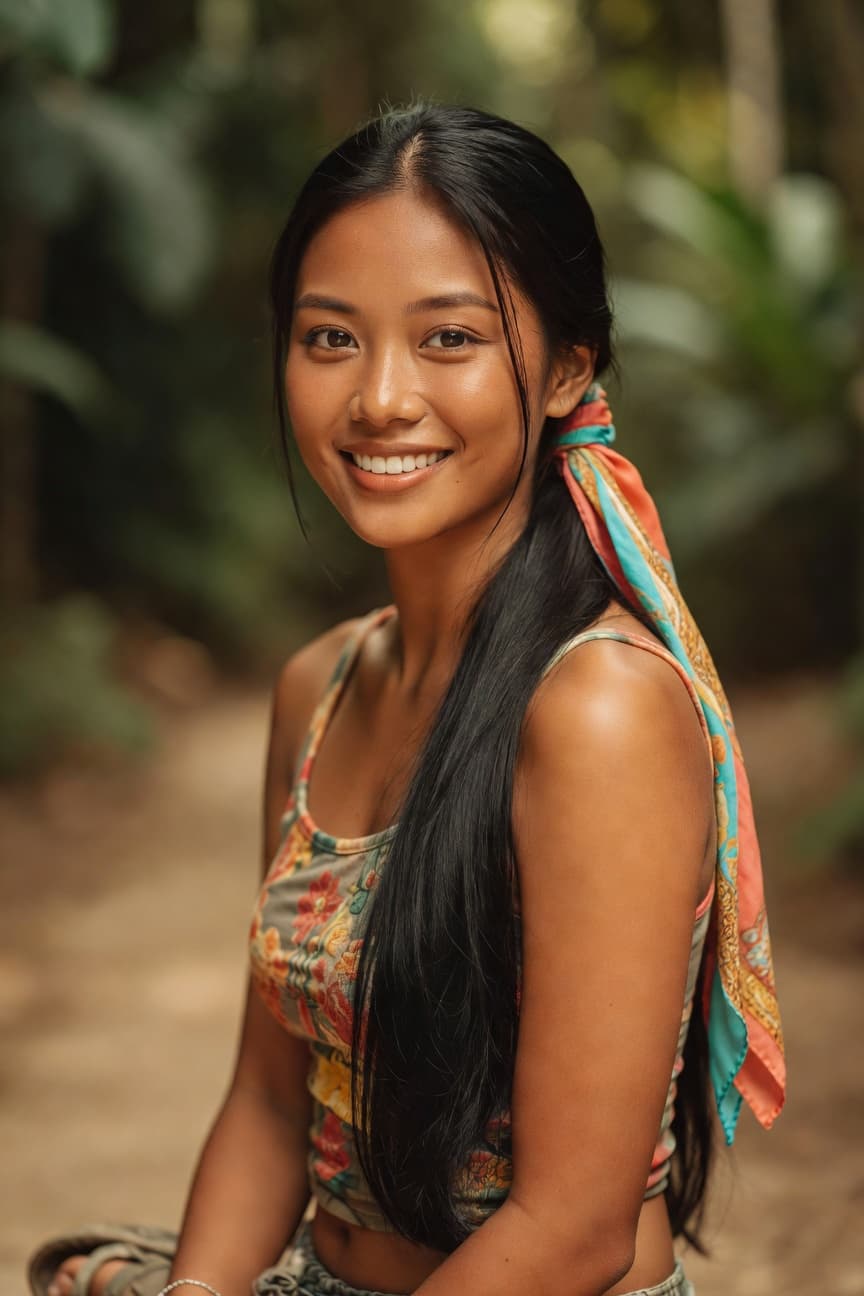 A radiant young woman smiles playfully while seated on a forest path.