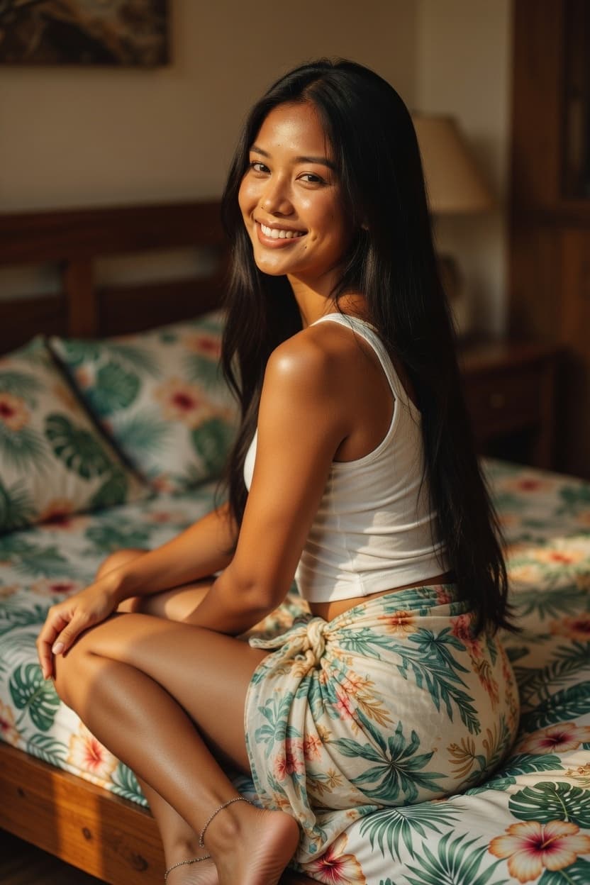 A radiant young woman smiles warmly while sitting on a tropical-print bed in a sunlit bedroom.