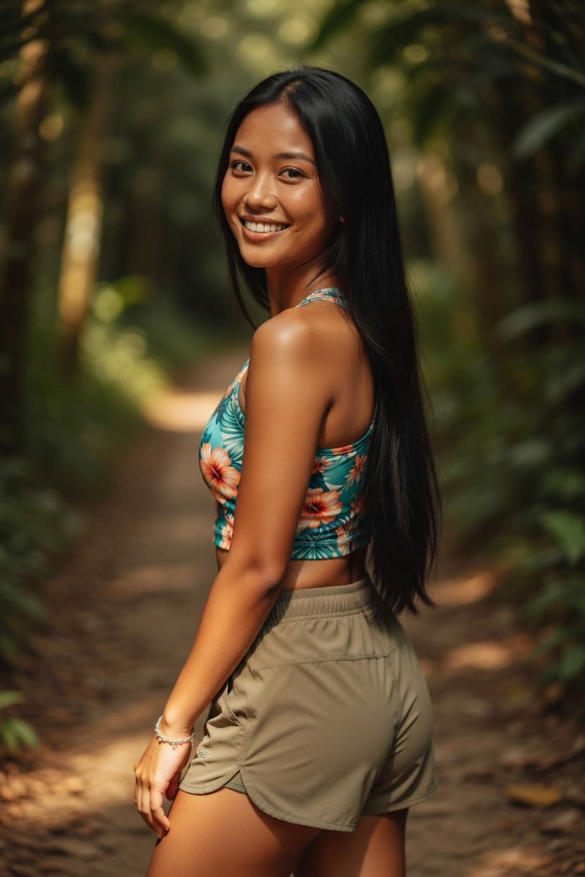 A radiant young woman smiles over her shoulder while standing on a sunlit forest path.