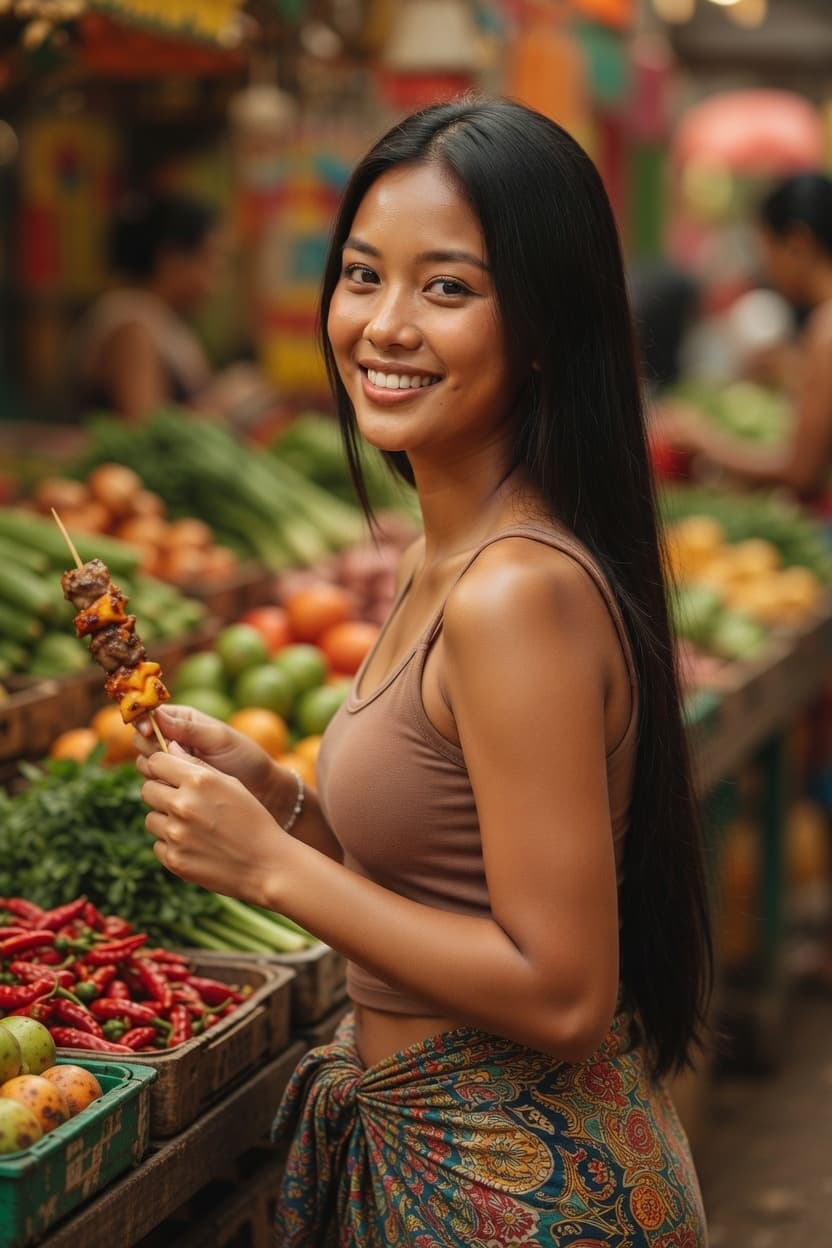 A radiant woman smiles while holding a skewer of grilled meat at a vibrant outdoor market.
