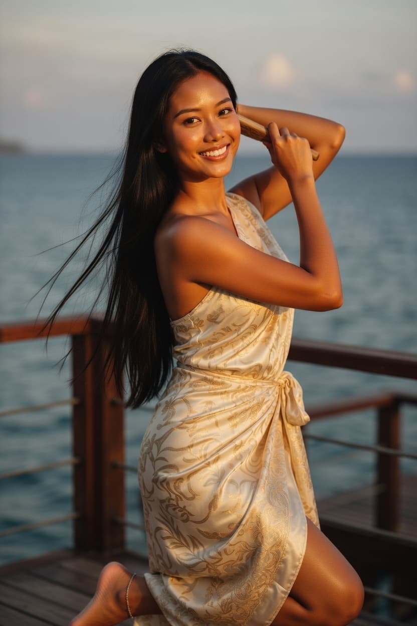 A radiant woman in a gold patterned dress kneels on a wooden balcony overlooking the ocean at sunset.