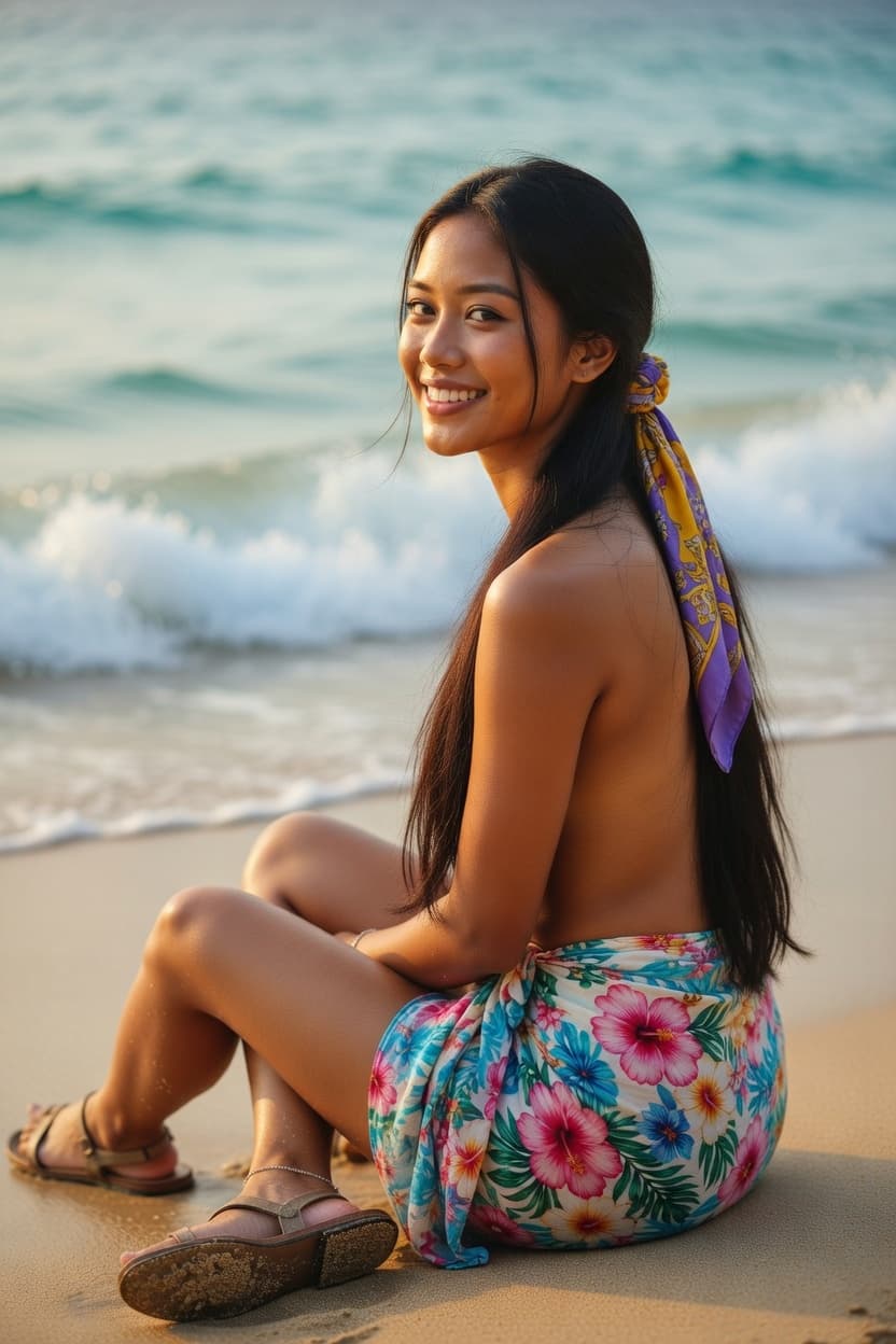 A radiant woman smiles over her shoulder while sitting on the beach at golden hour.