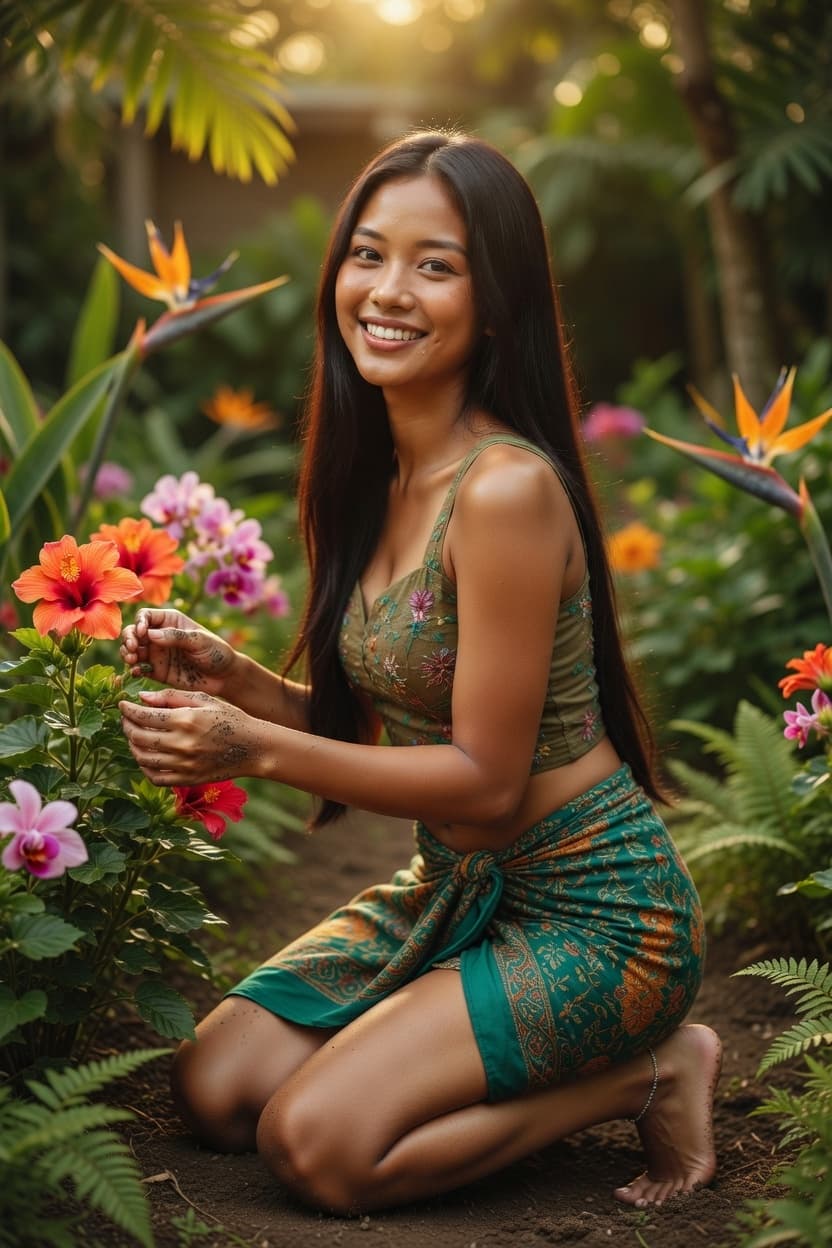 A radiant woman kneels barefoot in a lush tropical garden surrounded by vibrant flowers during golden hour.