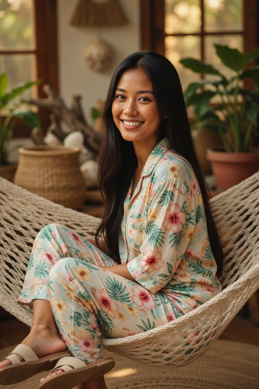 A radiant young woman smiles warmly while relaxing in a macrame hammock on a sunlit patio surrounded by lush plants.