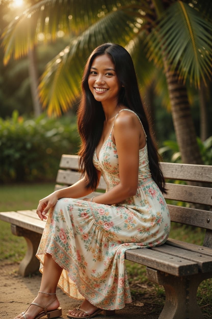 A radiant young woman in a floral sundress smiles warmly while seated on a park bench at golden hour.