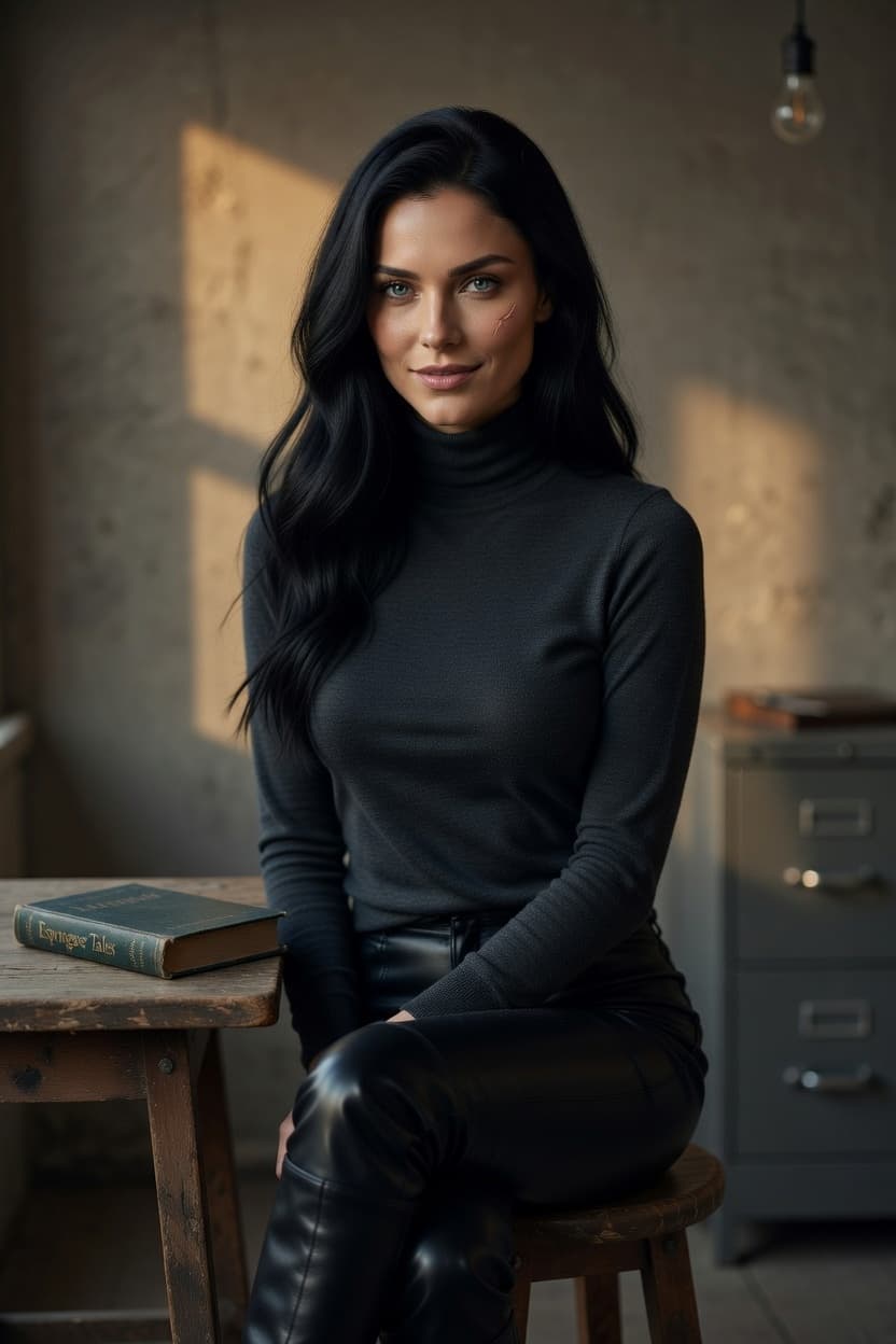 A poised woman with long dark hair sits on a wooden stool in warm light, gazing directly at the viewer.
