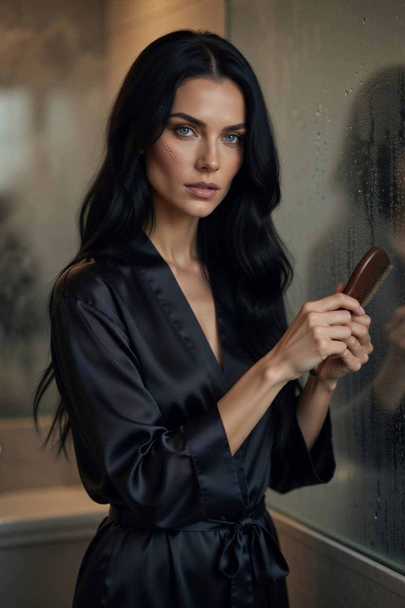 A poised woman in a black silk robe brushes her long dark hair in a steamy bathroom.