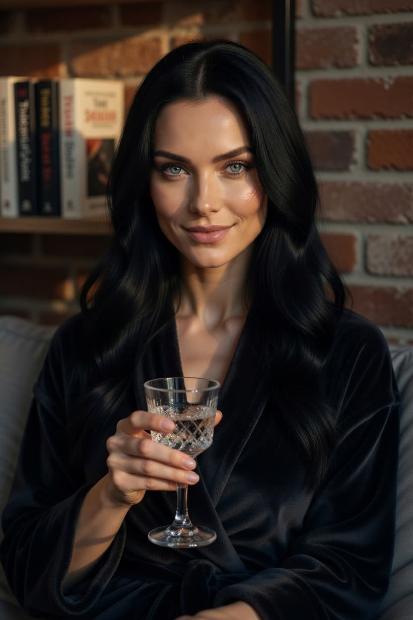 A poised woman with long dark hair sits holding a crystal wine glass in a warmly lit room.