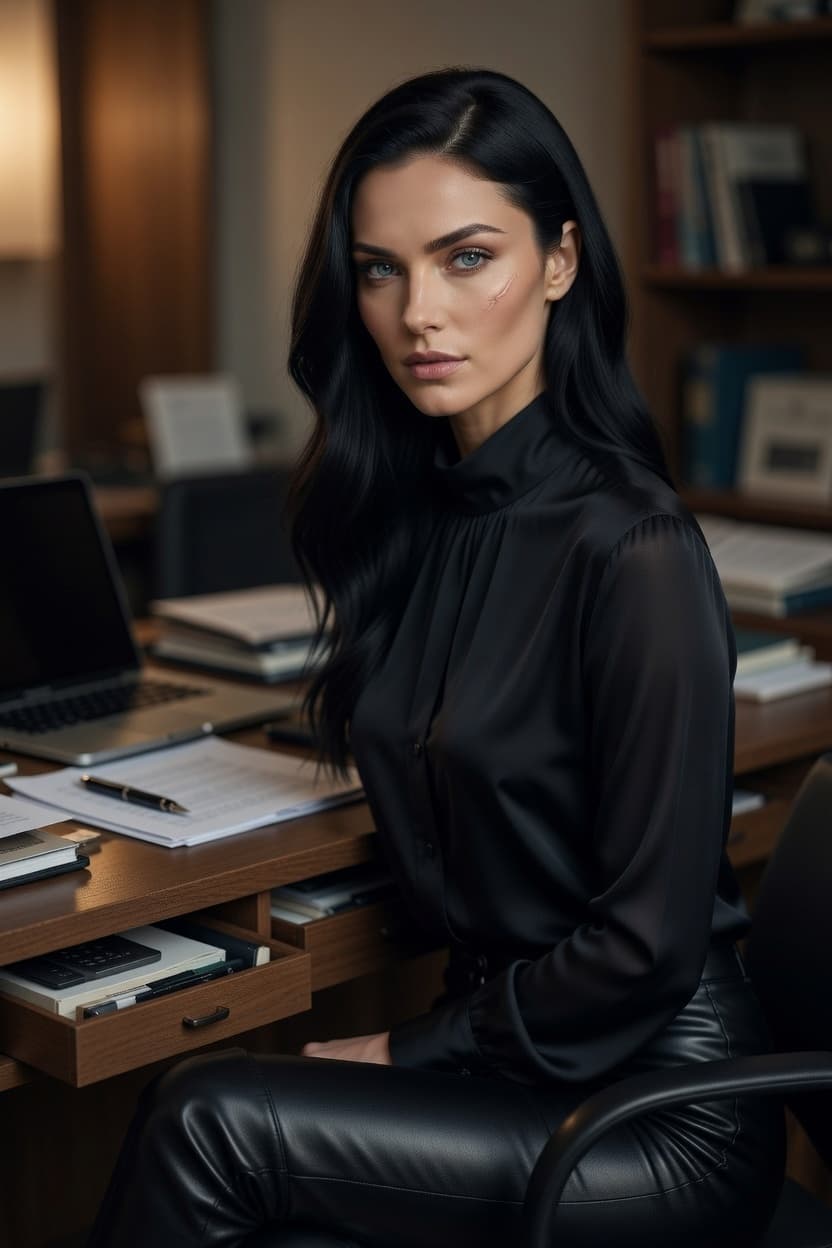 A poised woman in a sleek black blouse sits confidently at her home office desk surrounded by papers and a laptop.