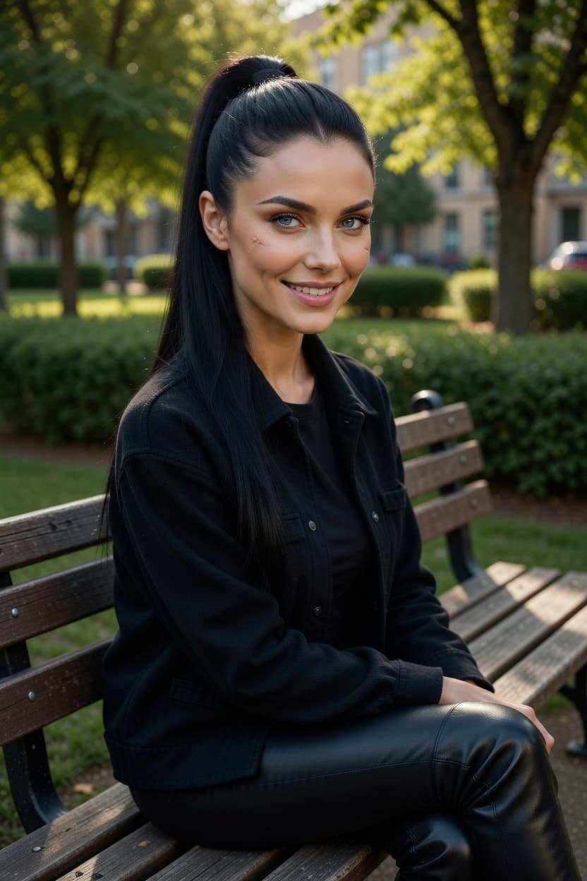 A poised woman with a high ponytail sits on a park bench and smiles at the camera during golden hour.