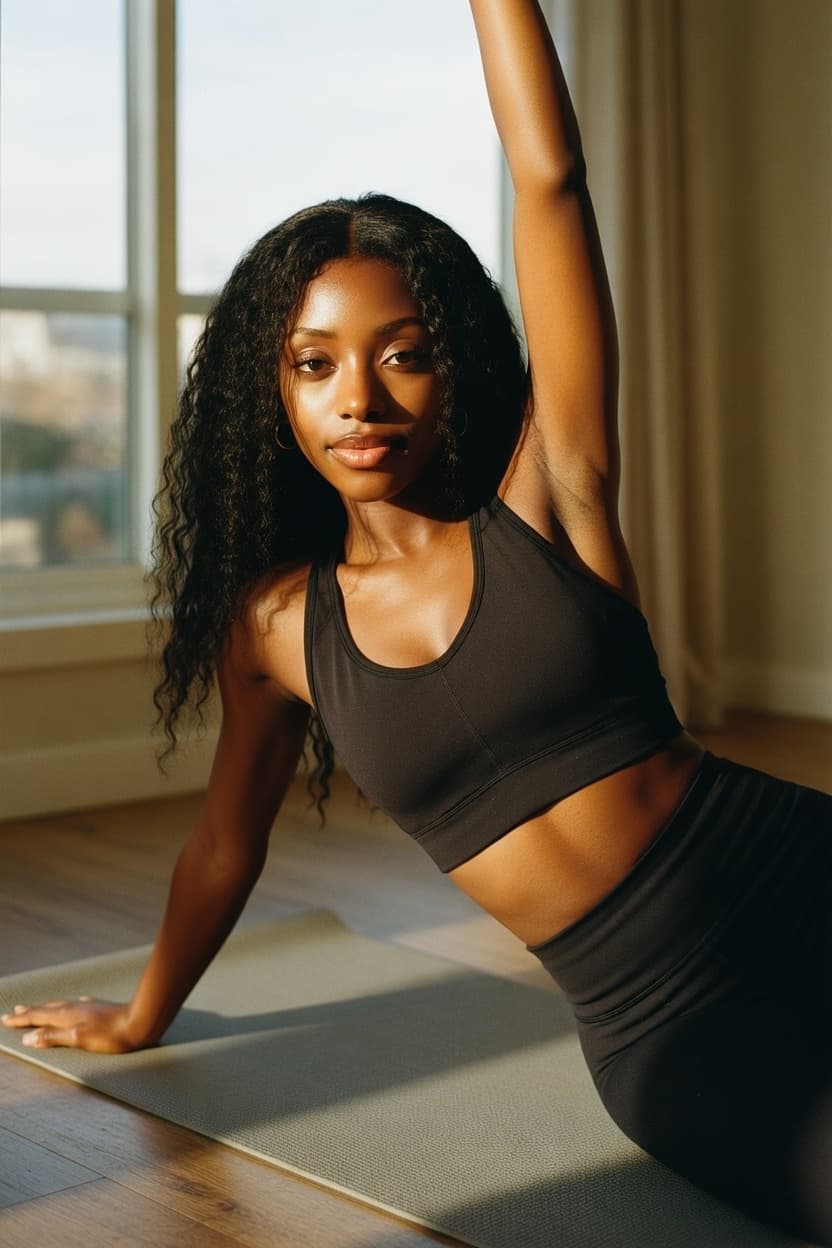 A woman in black activewear holds a graceful side stretch on her yoga mat during golden hour.