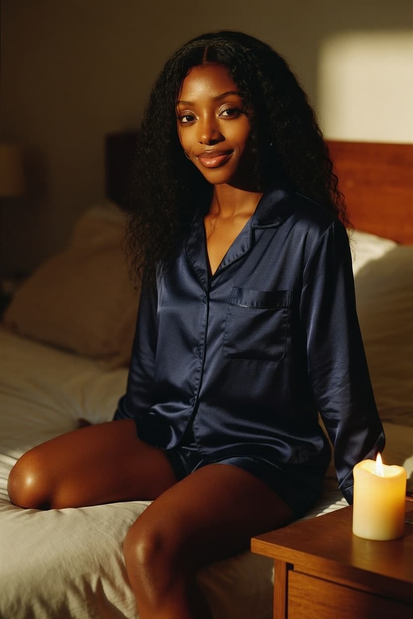 A woman in navy satin pajamas sits poised on the edge of her bed, gazing softly at the viewer beside a glowing candle.
