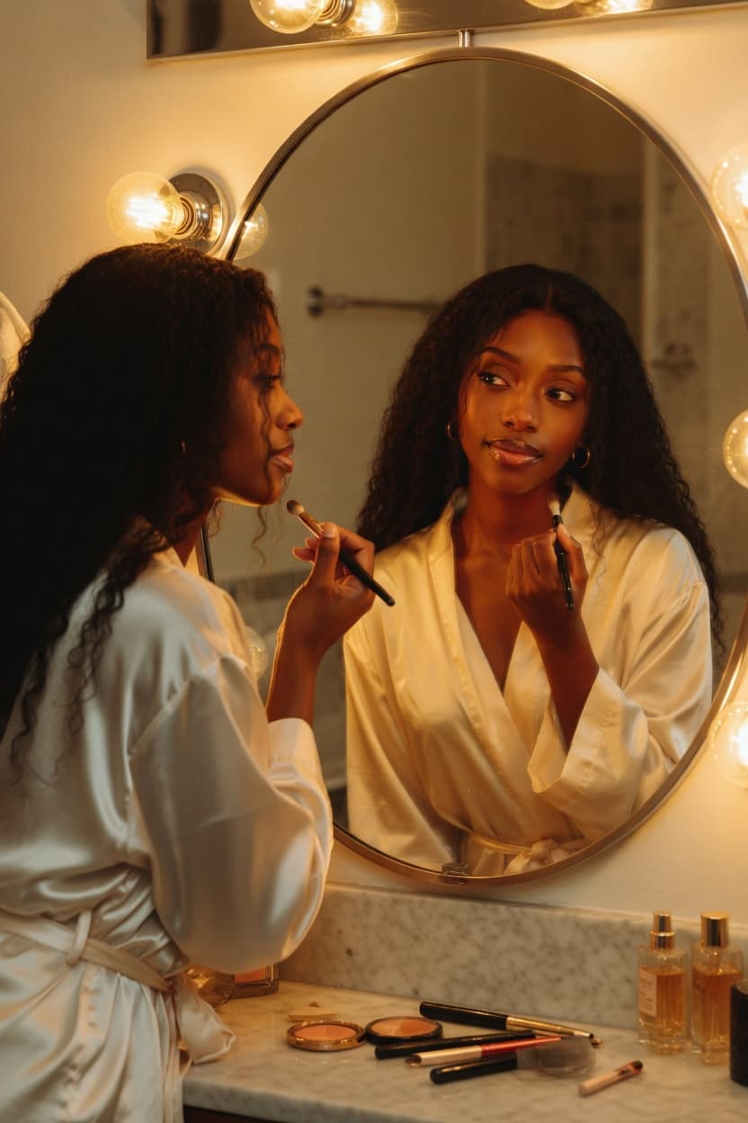 A woman in a white satin robe applies makeup while gazing at her reflection in a brightly lit vanity mirror.