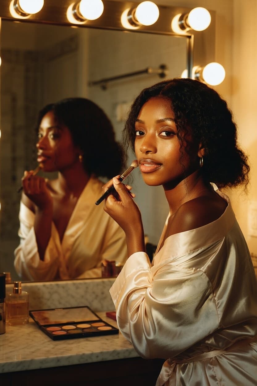 A poised woman applies makeup while gazing into a vanity mirror framed by glowing bulbs.