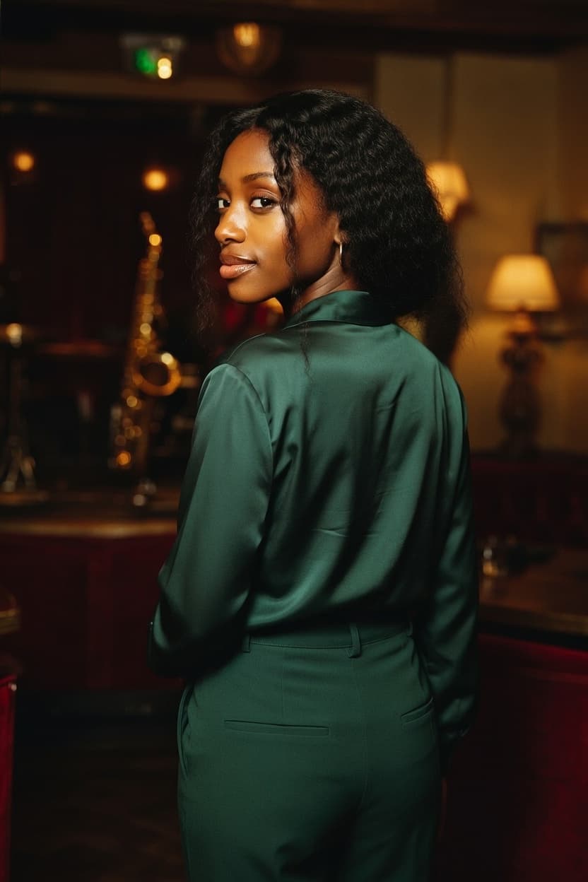 A poised woman in an emerald satin suit glances over her shoulder in a warmly lit lounge.