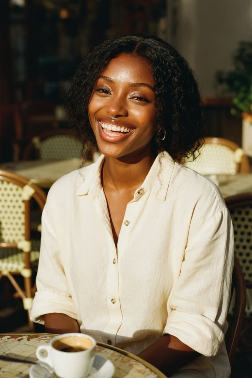 A radiant woman smiles warmly while enjoying coffee at a sunlit outdoor cafe.