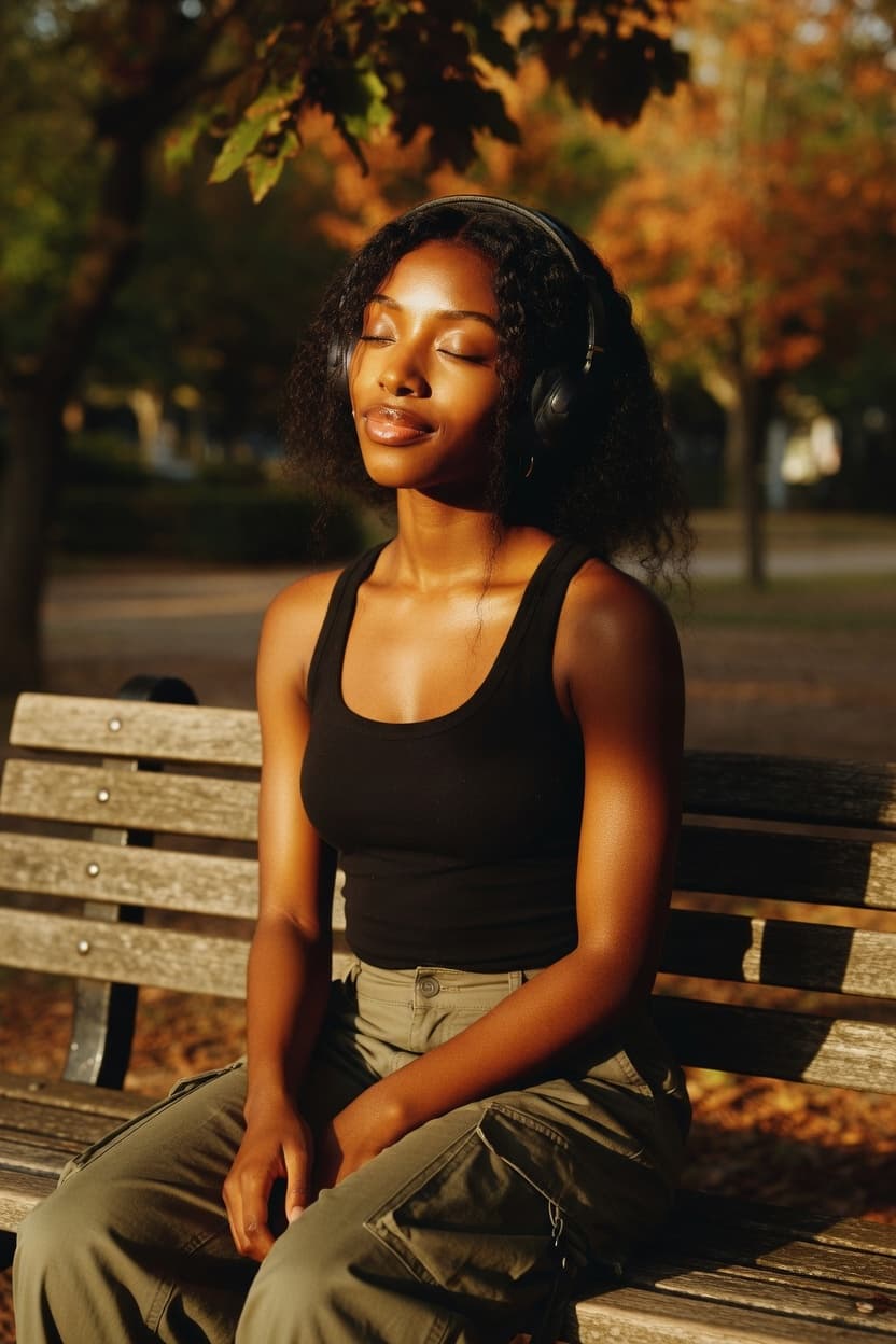 A woman sits peacefully on a park bench wearing headphones during golden hour.