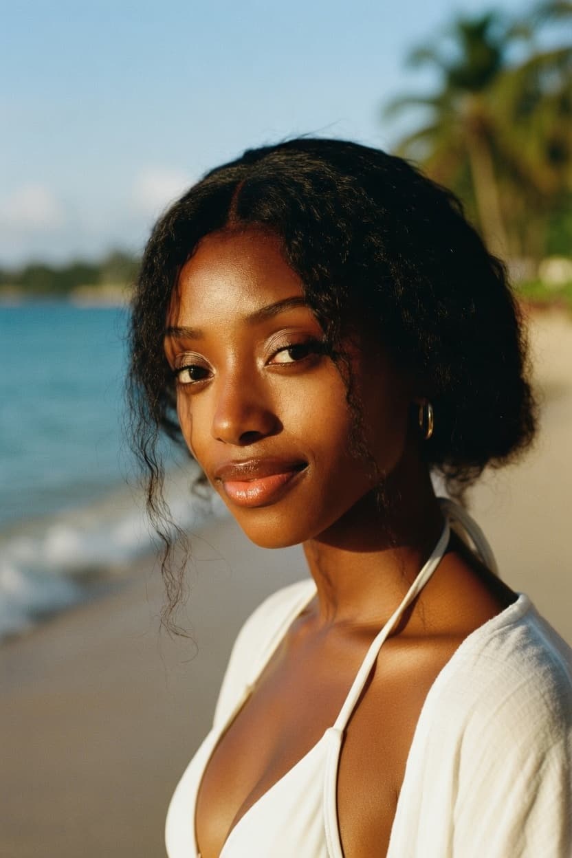 A radiant woman stands on a tropical beach at golden hour, gazing softly at the camera with the ocean behind her.
