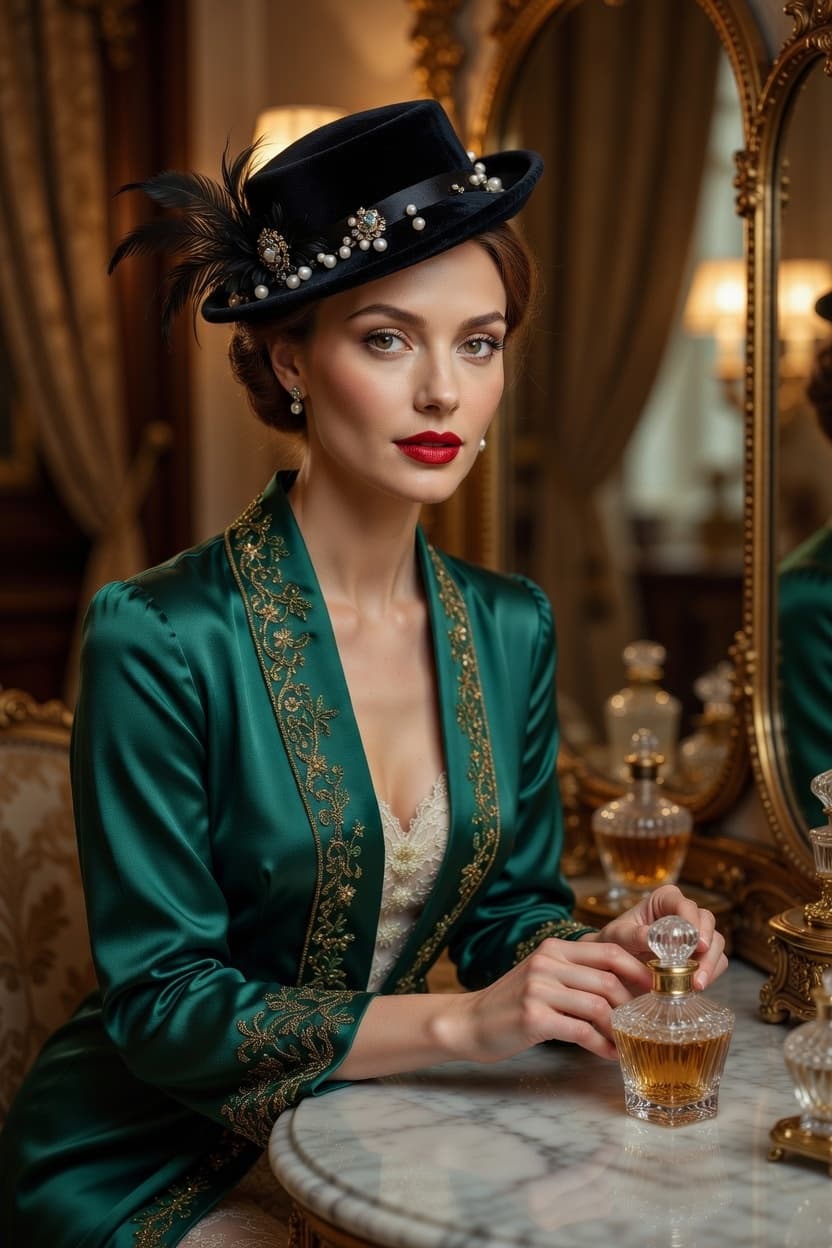 Elegant woman in emerald silk robe and vintage hat poses confidently at a marble table.