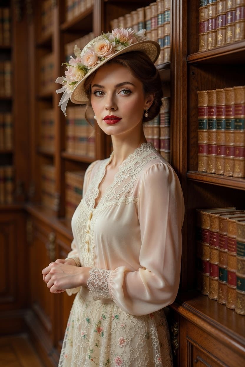 A poised woman in vintage lace and a floral hat stands gracefully among towering bookshelves.