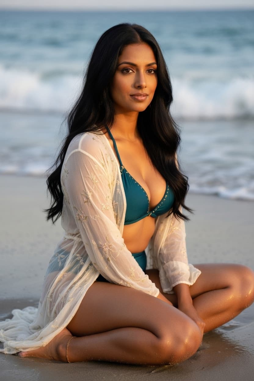 A poised woman in a teal bikini and sheer white cover-up sits serenely on the beach at golden hour.