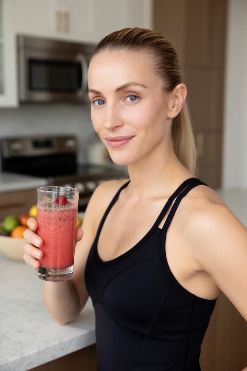 A fit woman in a black tank top holds a fresh strawberry smoothie in a bright kitchen.