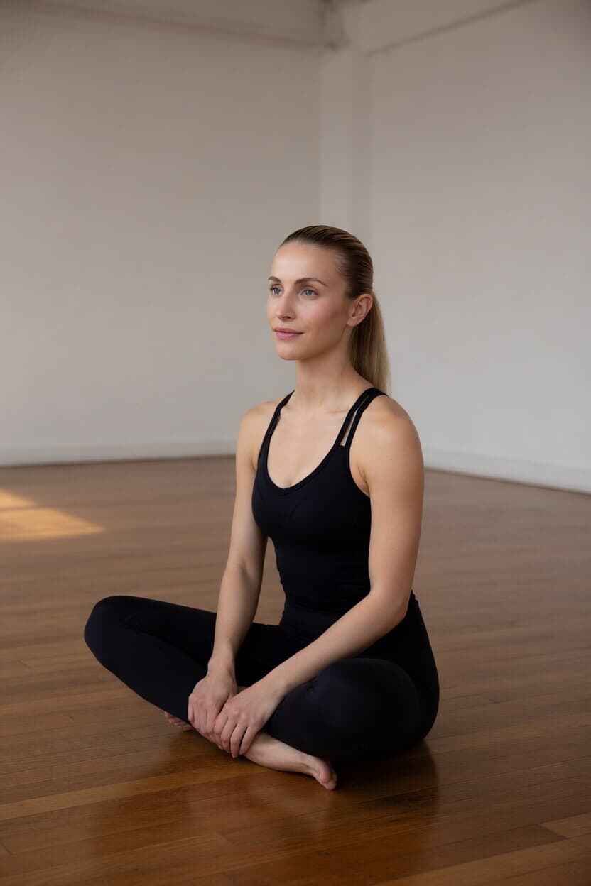 Woman in black activewear sits gracefully in a sunlit yoga studio.