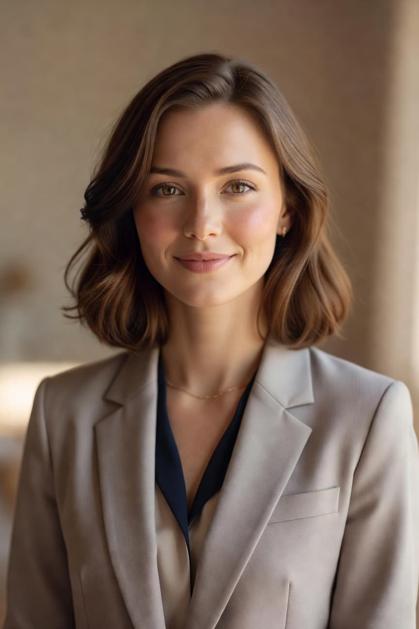 A poised woman in a beige blazer gazes directly at the camera with a confident smile.