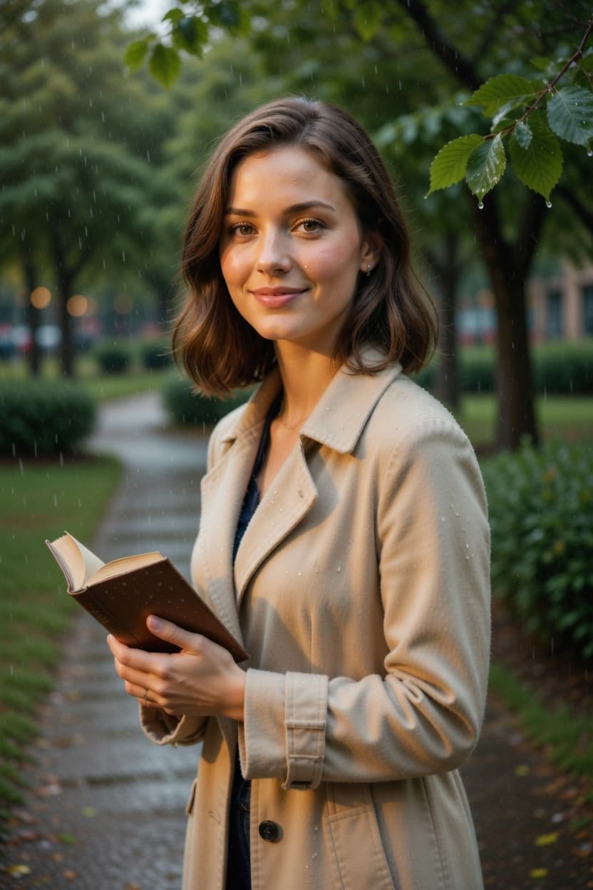 A woman stands on a rainy park path holding an open book and smiling softly at the camera.
