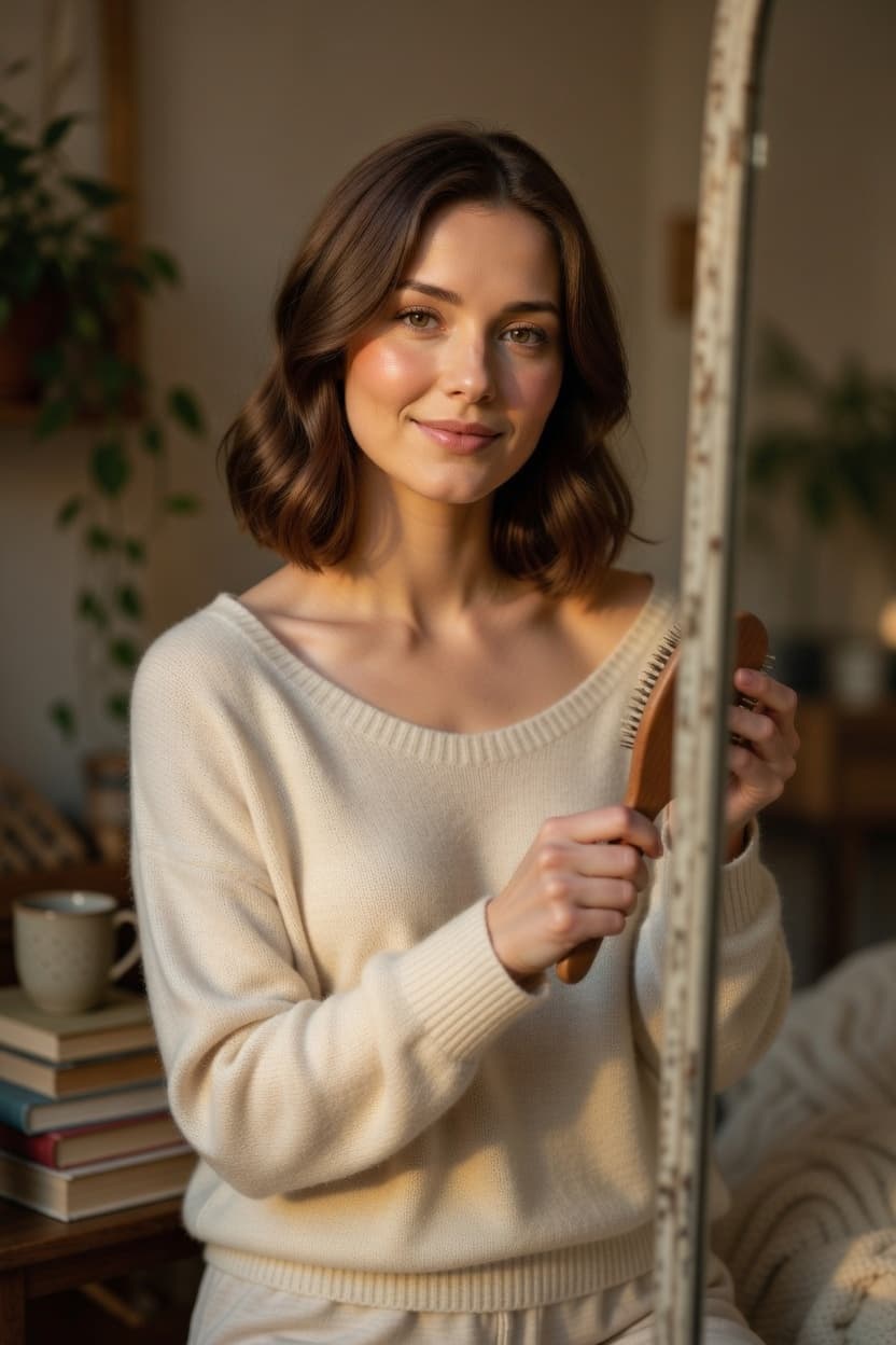 A woman in a cozy cream sweater gently brushes her wavy hair while gazing softly at her reflection.