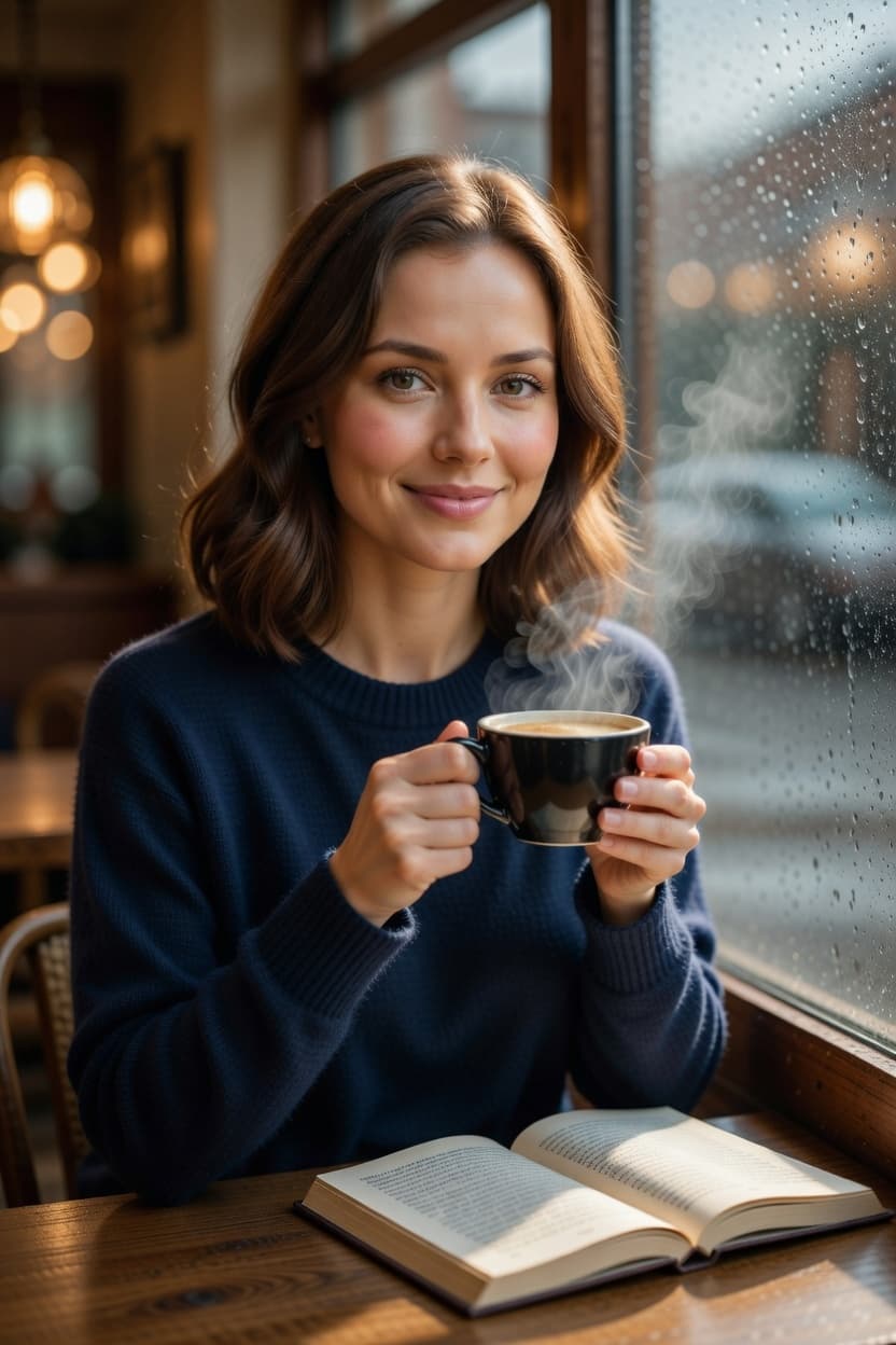 A woman with a gentle smile holds a steaming mug while sitting with an open book at a rainy cafe window.