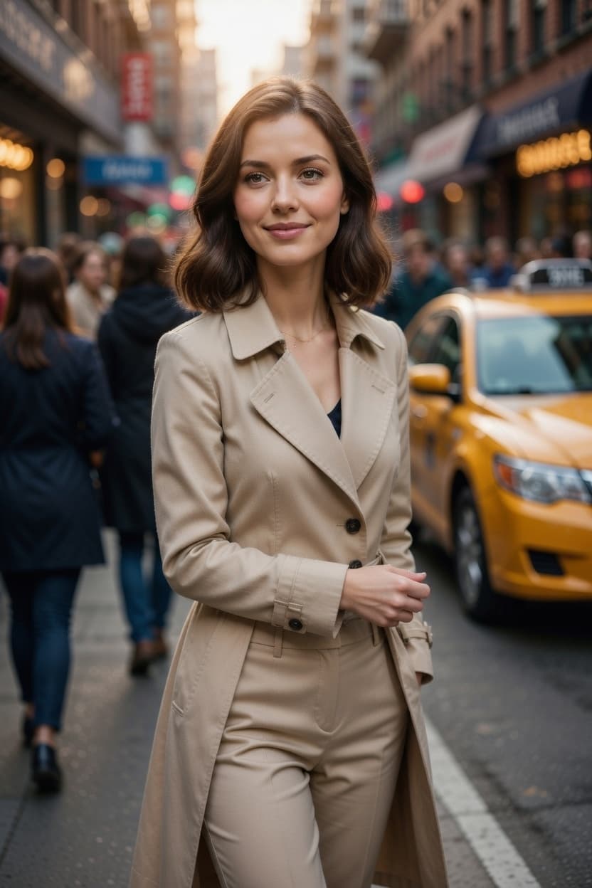 A poised woman in a beige trench coat stands confidently on a bustling city street at golden hour.