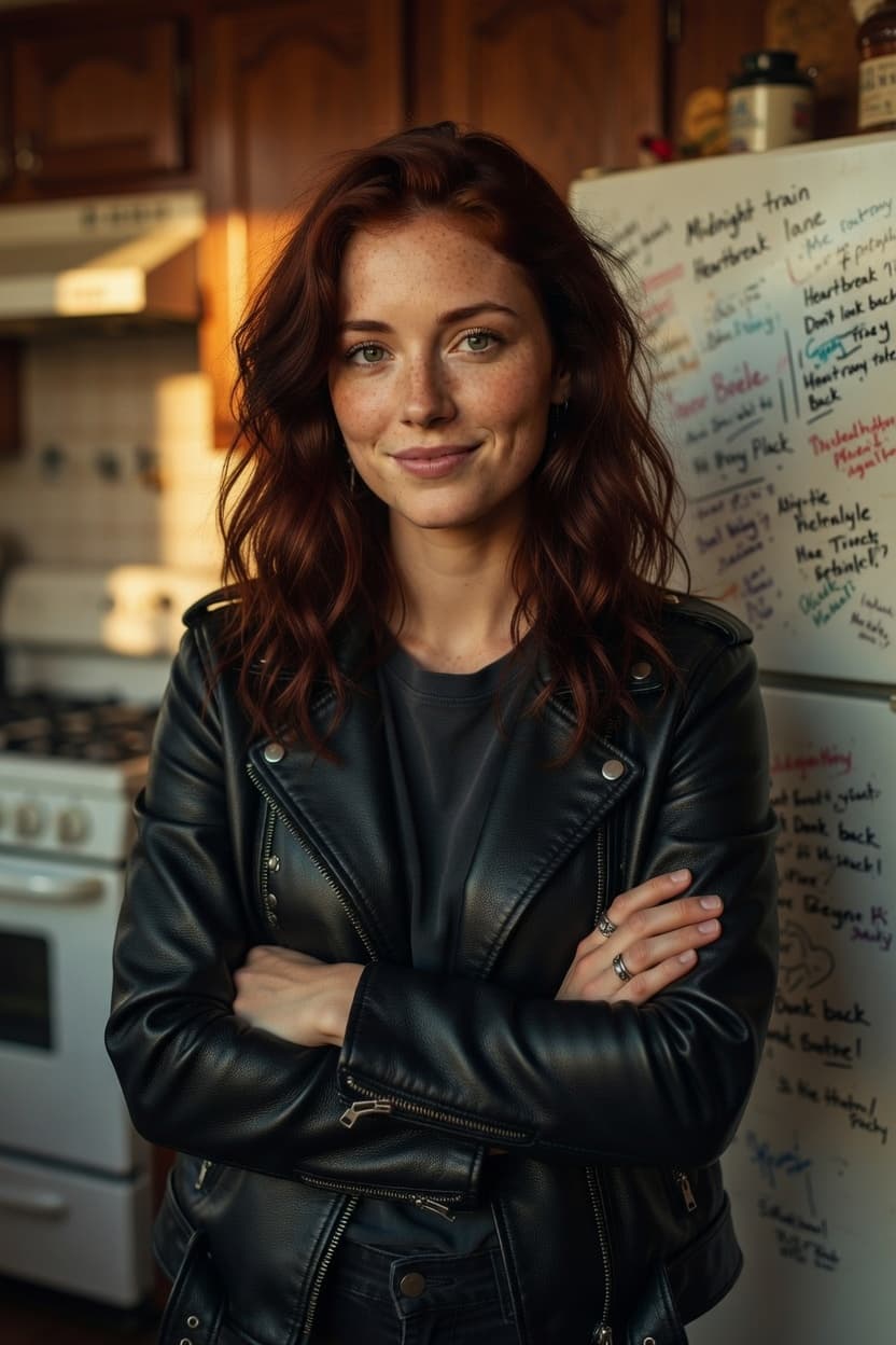 A confident woman with wavy auburn hair stands with arms crossed in a warm kitchen, smiling softly at the viewer.