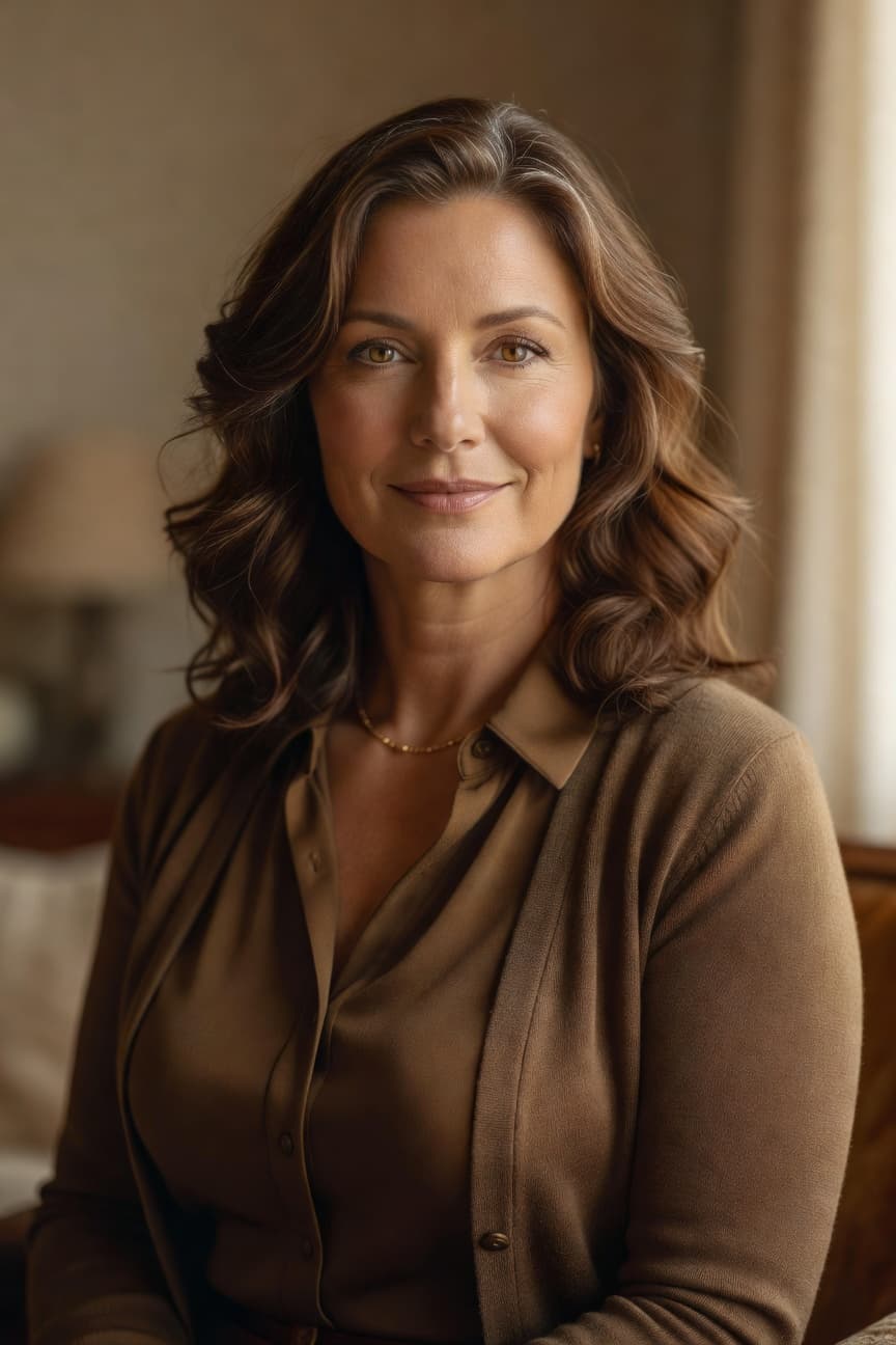 A poised woman with wavy brown hair offers a gentle closed-mouth smile while gazing directly at the viewer.