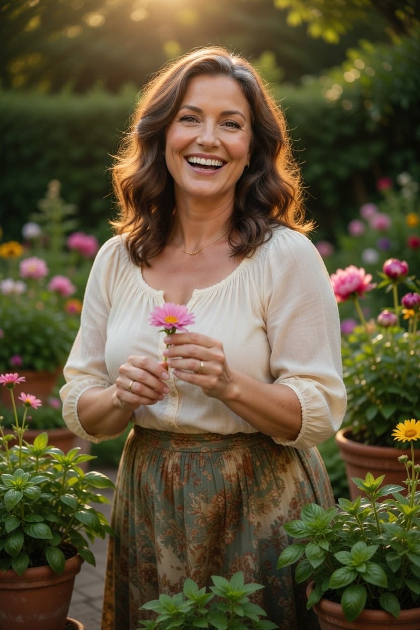 A radiant woman smiles joyfully while holding a pink flower in a sunlit garden surrounded by blooming plants.