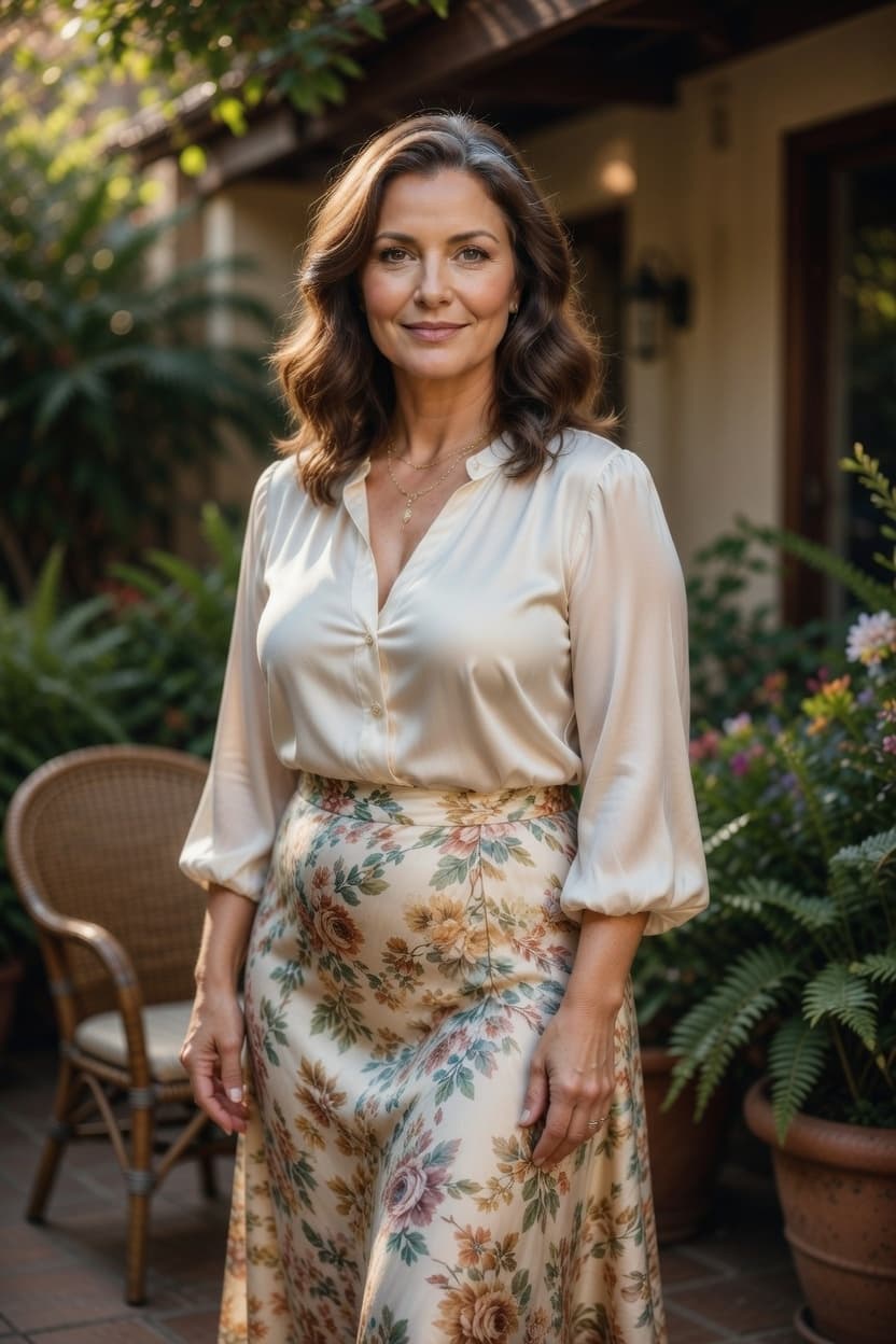 A poised woman in a cream satin blouse and floral skirt stands gracefully on a sunlit patio surrounded by lush potted plants.